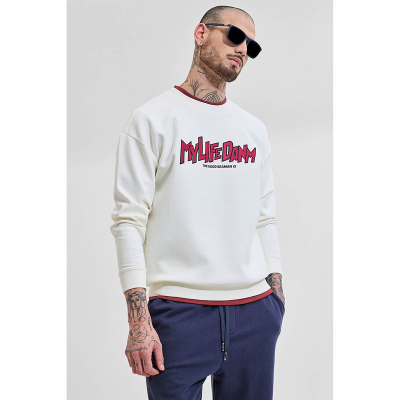 Snitch Off White Printed Relaxed Fit Sweatshirt (XL)