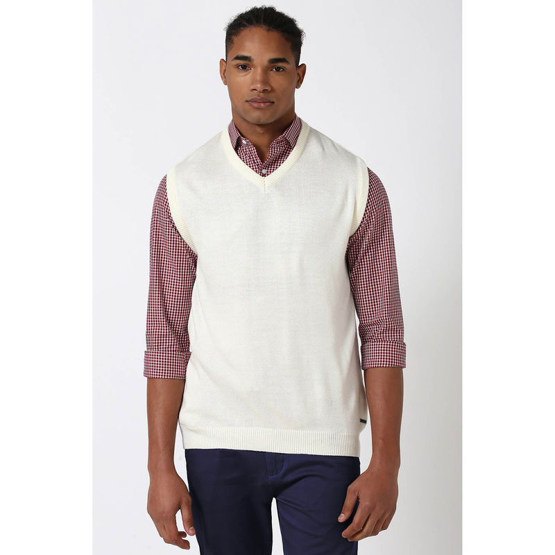 Peter England Cream Solid Regular Fit Sweater (M)