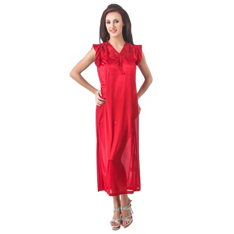Fasense Women Satin Nightwear Sleepwear Long Nighty, Dp109 A - Red (L)
