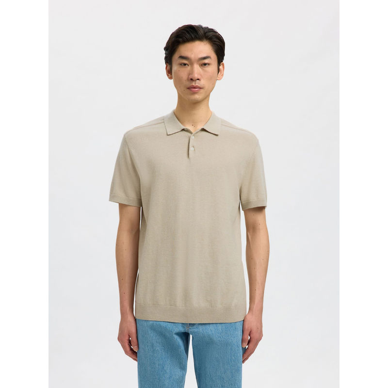 SELECTED HOMME Beige Oatmeal Knitted Polo T-Shirt (XS)