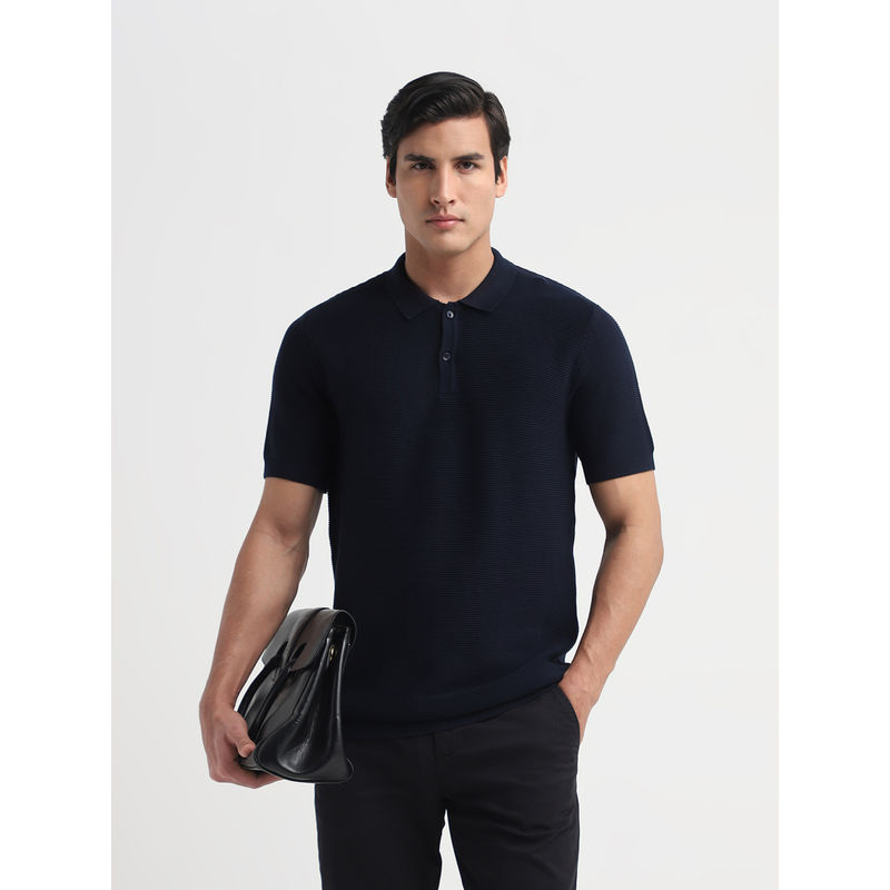 SELECTED HOMME Navy Blue Alex Cotton Knitted Polo T-Shirt (S)