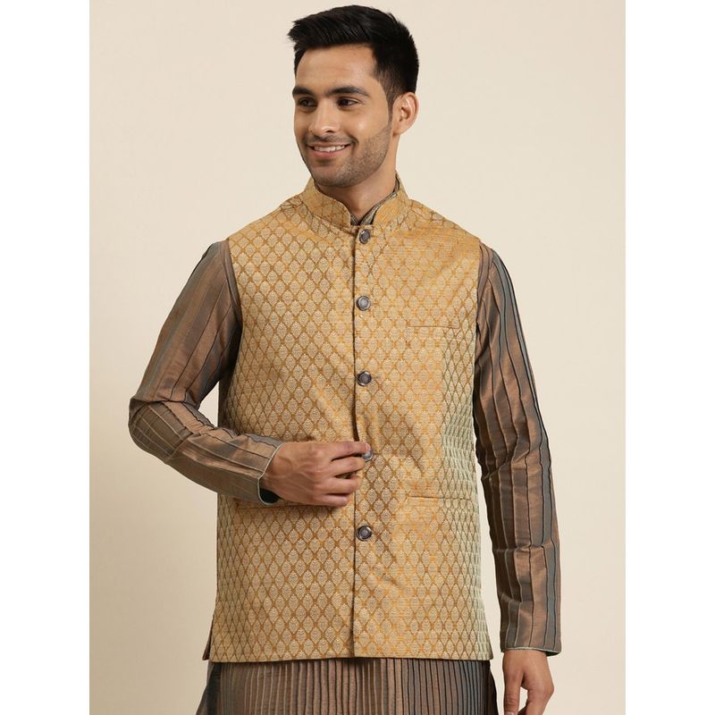 SOJANYA Jacquard Silk Mustard Self Design Only Nehru Jacket (S)