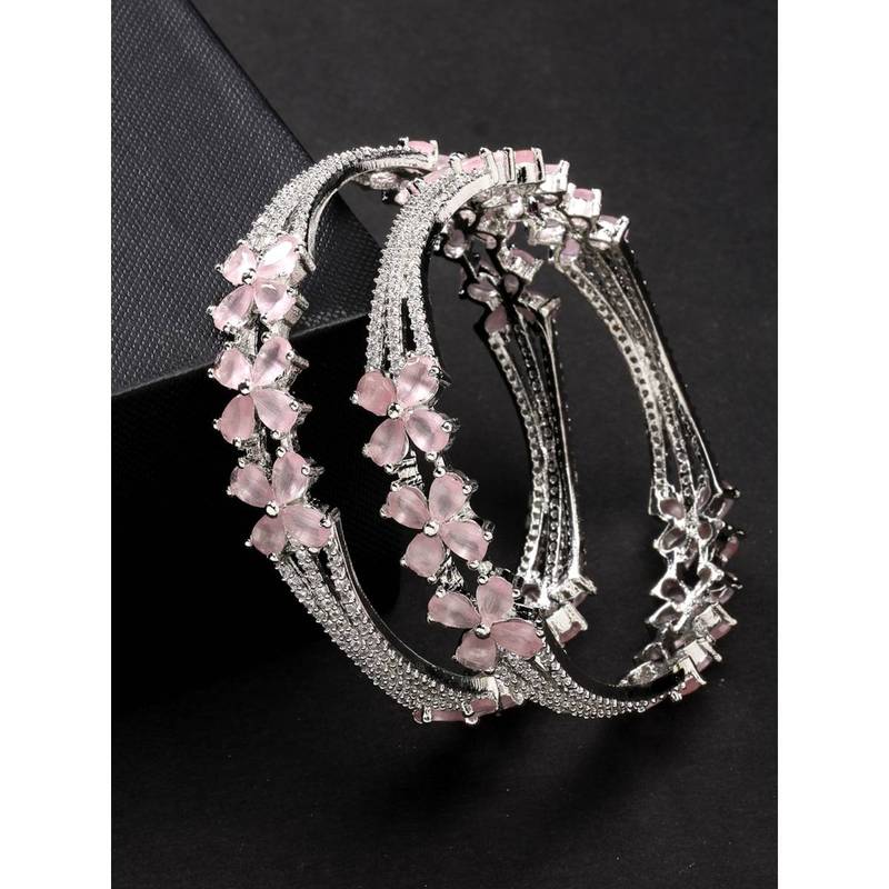 NVR Women Silver-Plated American Diamond Handcrafted Bangles (Pack of 2) (2.4)