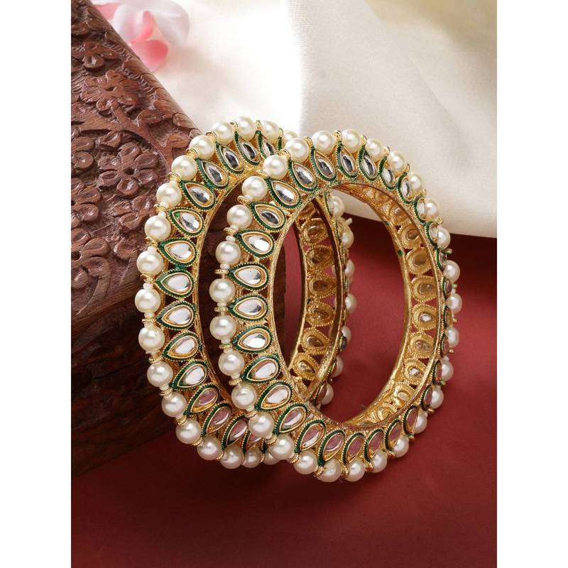 NVR Women Gold-Plated Kundan-Studded and Pearls-Beaded Bangles (Pack of 2) (2.8)