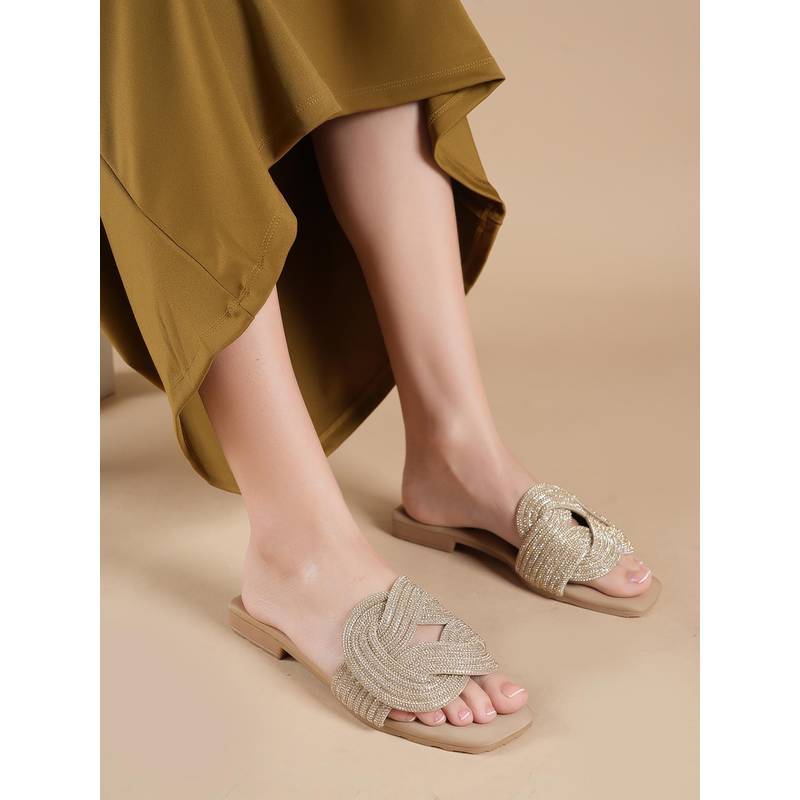 Drop Bold Women Gold Embellished Open Toe Flats (EURO 36)