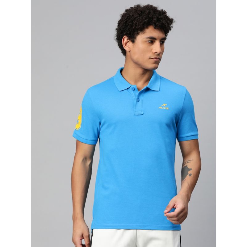 Alcis Men Typography Printed Polo Collar Dry Tech Slim Fit T-Shirt Blue (L)