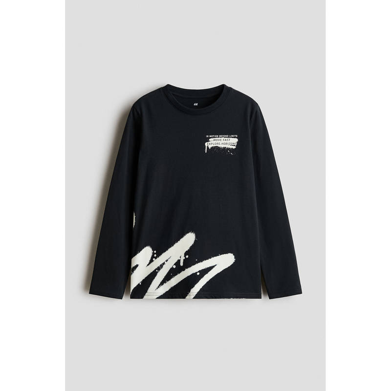H&M Boys Black Printed Long-Sleeved T-Shirt (8-10 Years)