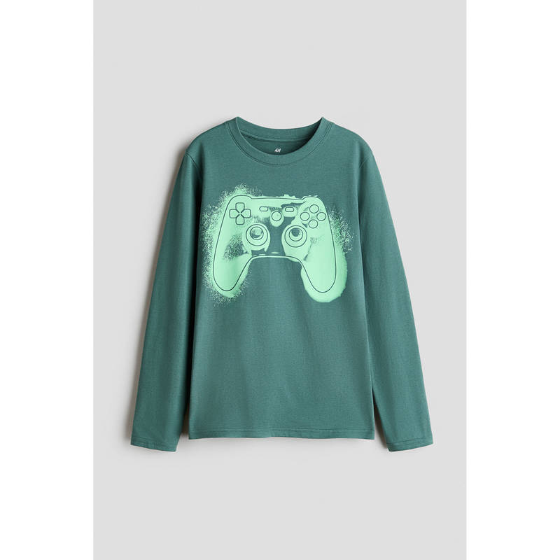 H&M Boys Green Printed Long-Sleeved T-Shirt (8-10 Years)