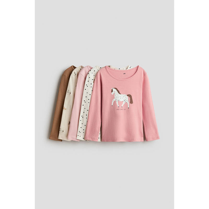 H&M Girls Pink 5-Pack Long-Sleeved Cotton T-Shirts (1.5-2 Years)