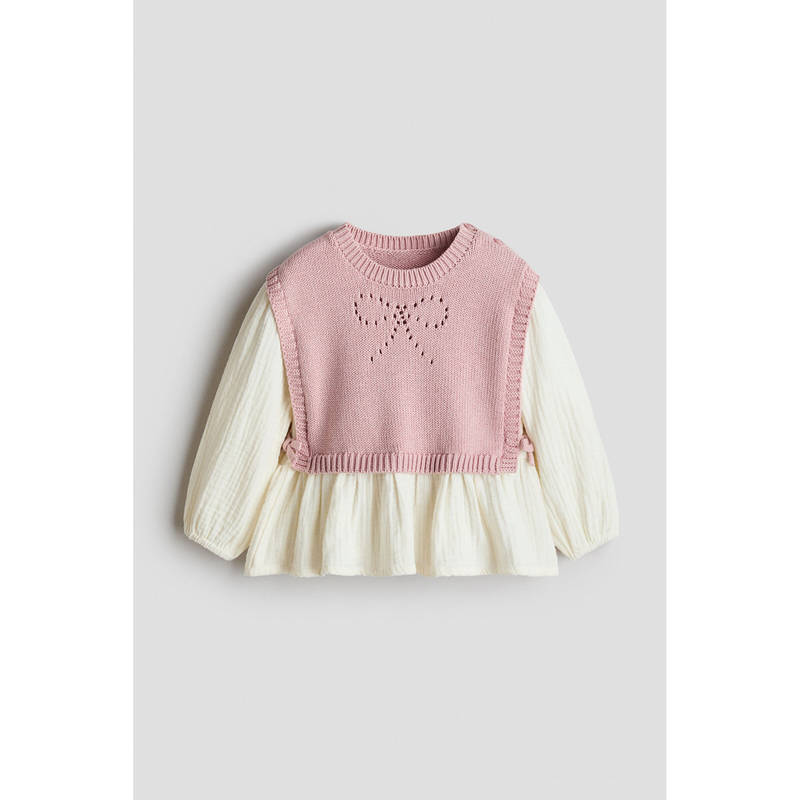 H&M Girls Pink Bib-Detail Cotton Blouse (4-6 Months)