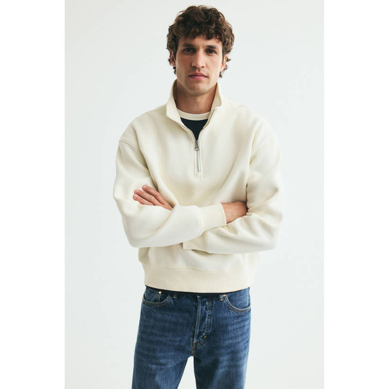 H&M Men White Relaxed Fit Zip-Top Sweatshirt (M)