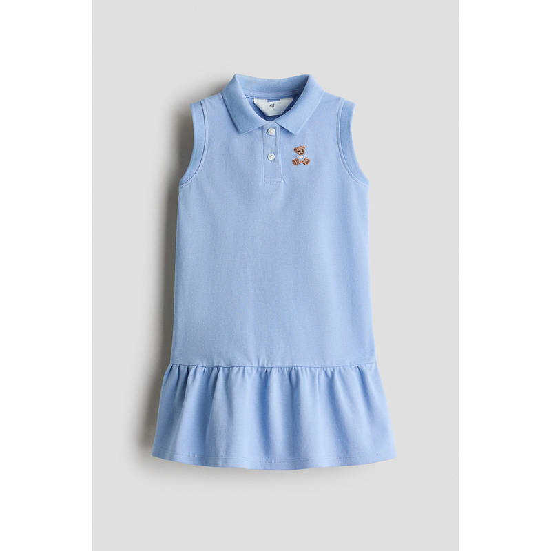 H&M Girls Blue Embroidery-Detail Pique Dress (1.5-2 Years)