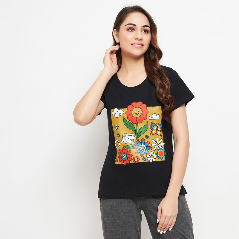 Clovia Print Me Pretty Top In Black - Cotton Rich (M)