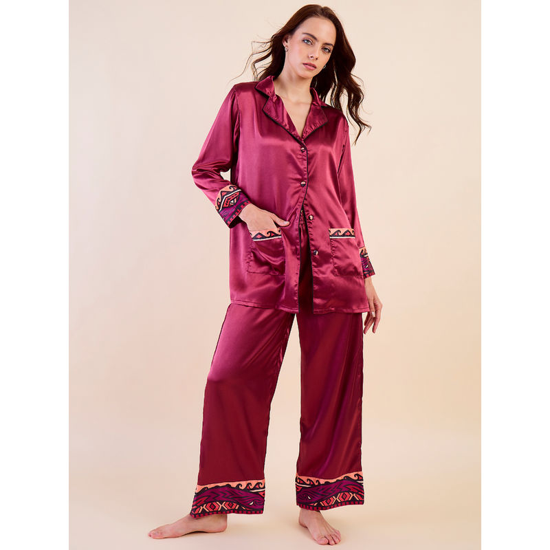 The Kaftan Company Maroon Printed Satin Shirt & Pyjama (Set of 2) (M)
