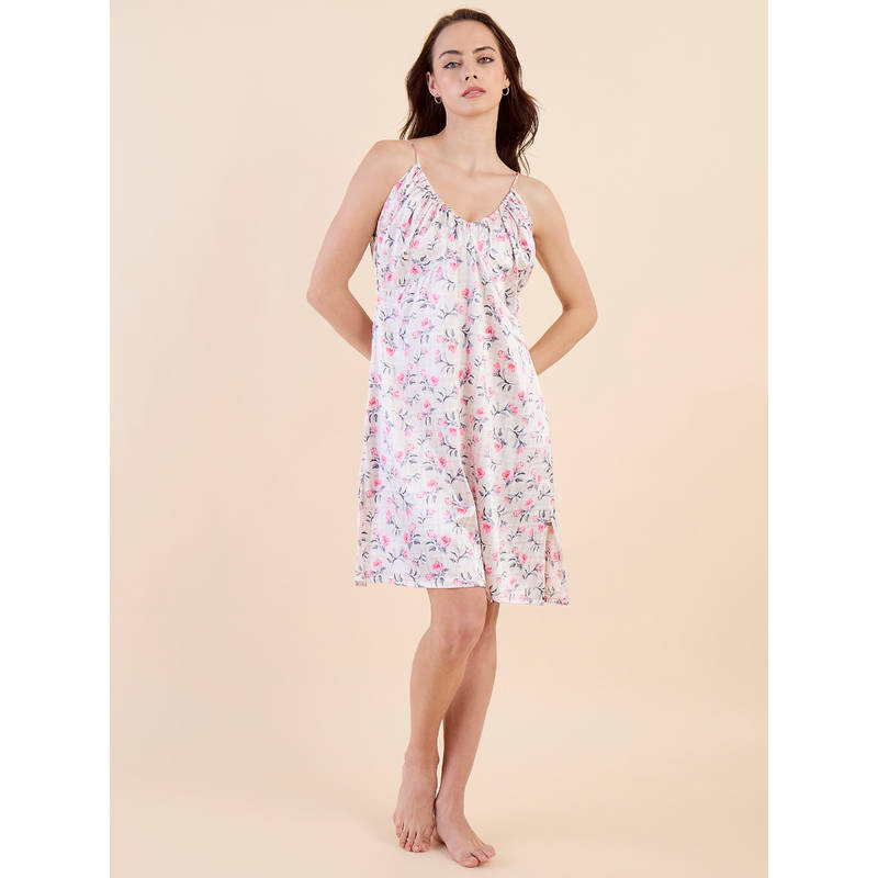 The Kaftan Company Romantic White Satin Pink Floral Print Nightdress (S)