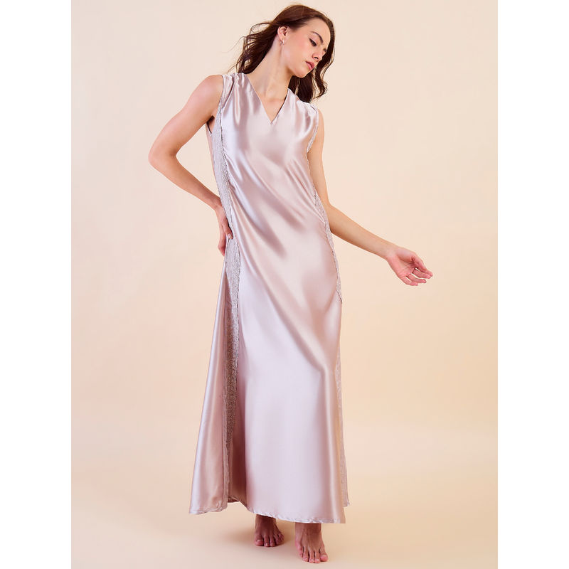 The Kaftan Company Beige Satin Luxe Sleeveless Lace Accents Nightdress (S)
