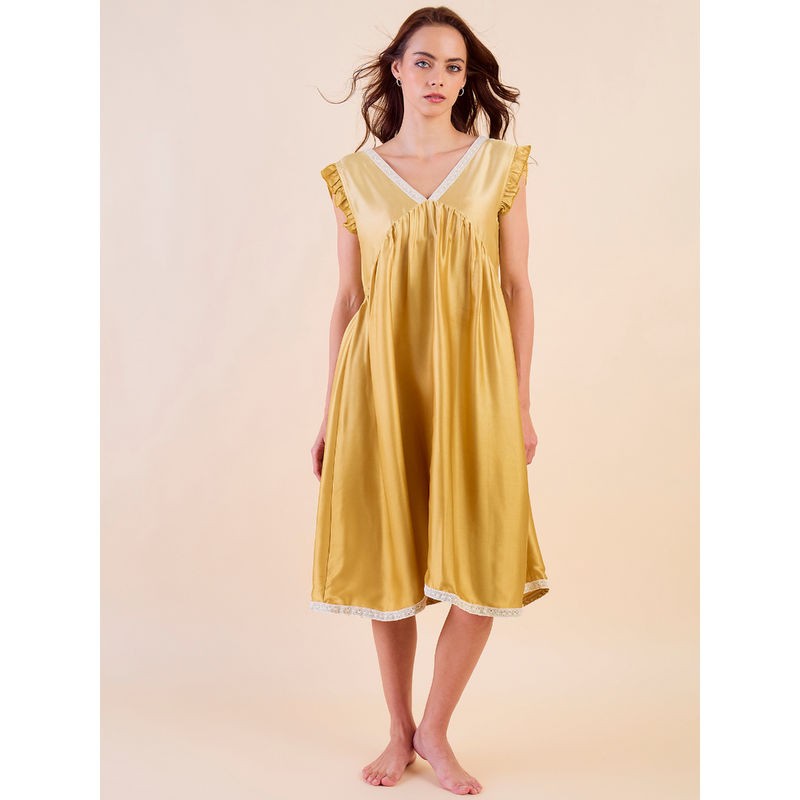 The Kaftan Company Gold Ombre Satin Lace Detail and Frilled Sleeves Nightdress (S)