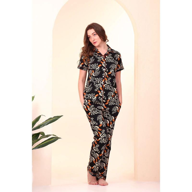 NAP STORY Black Toucan Printed Half Sleeve Shirt & Pyjama (Set of 2) (L)