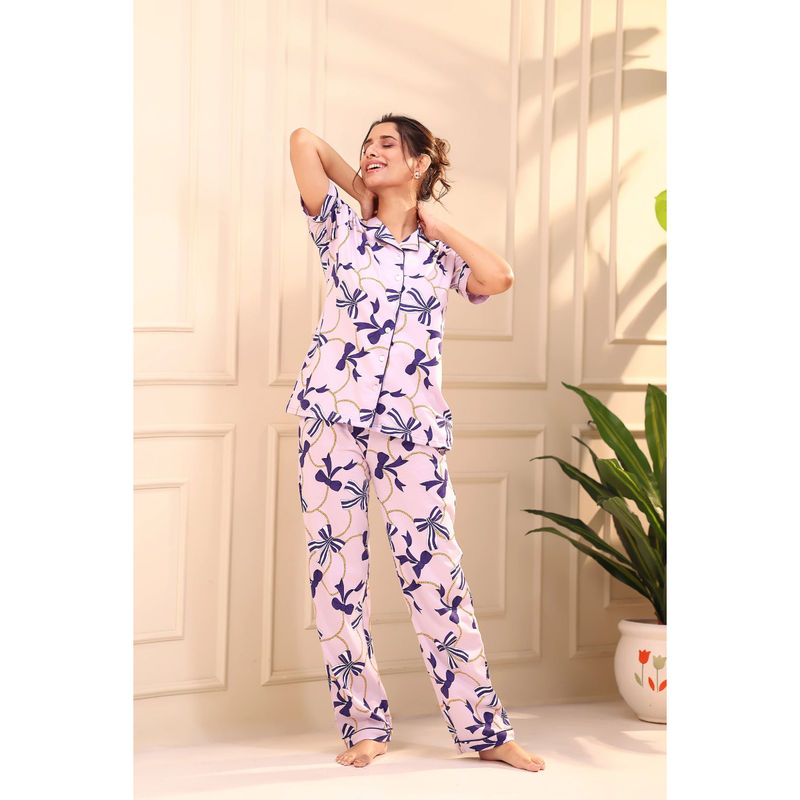 NAP STORY Lavender Bow Printed Half Sleeve Shirt & Pyjama (Set of 2) (3XL)