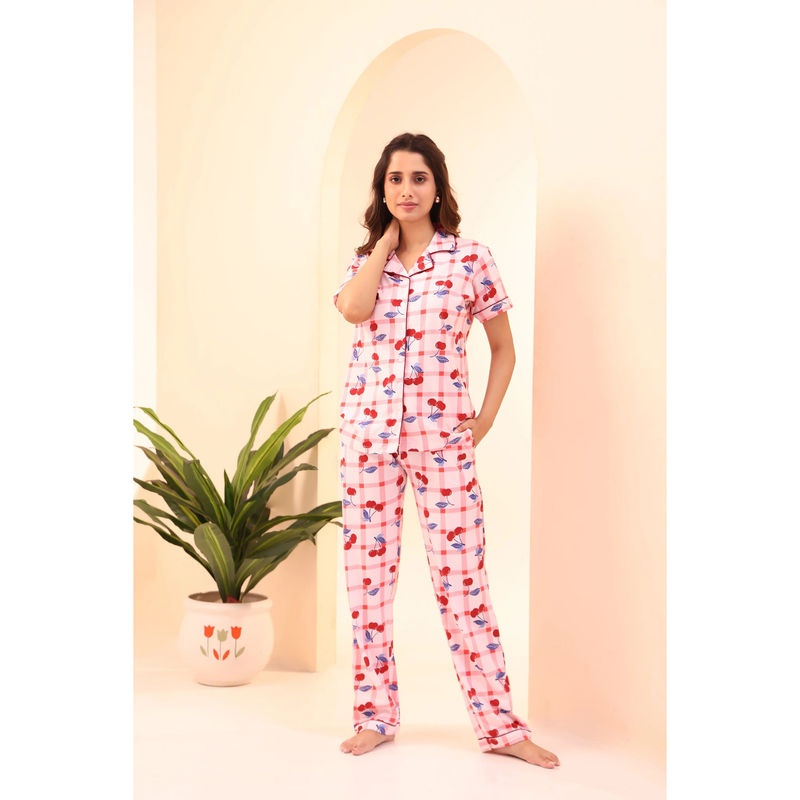 NAP STORY White Cherry Printed Half Sleeve Shirt & Pyjama (Set of 2) (S)
