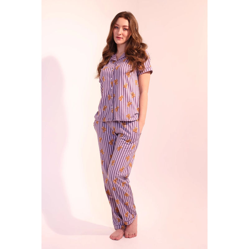 NAP STORY Purple Teddyboo Printed Half Sleeve Shirt & Pyjama (Set of 2) (L)