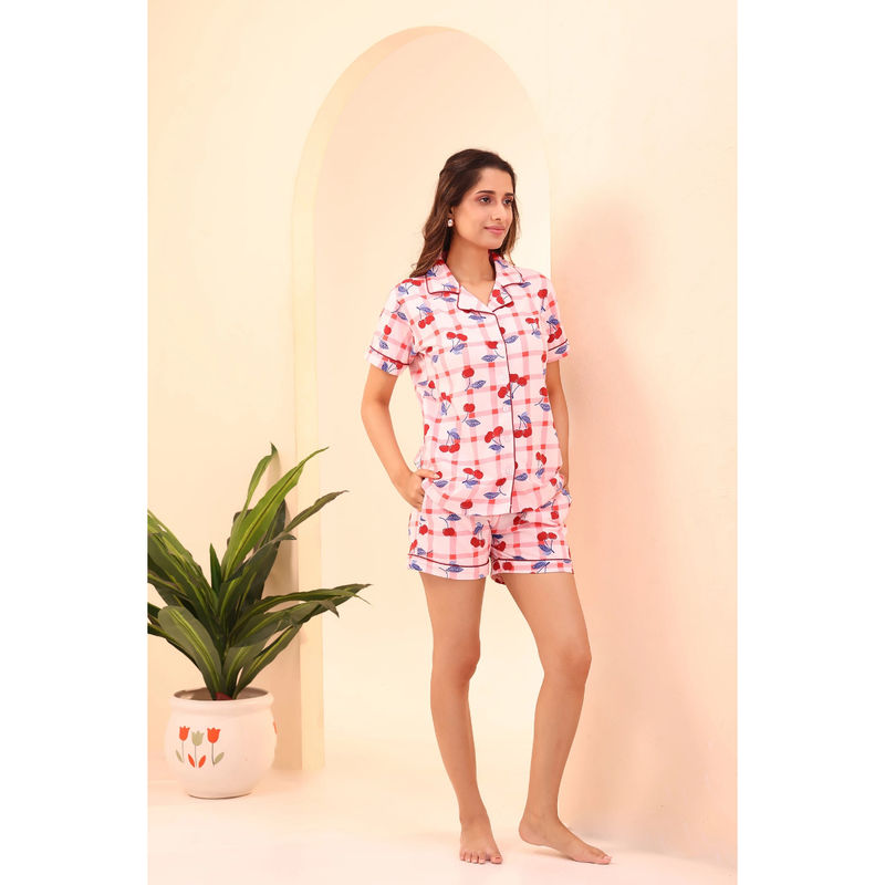 NAP STORY Pink Cherry Printed Half Sleeve Shirt and Shorts (Set of 2) (S)