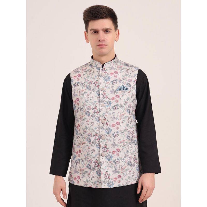 JB Studio Men Cream Terry Rayon Printed Bandhgala Nehru Jacket (38)