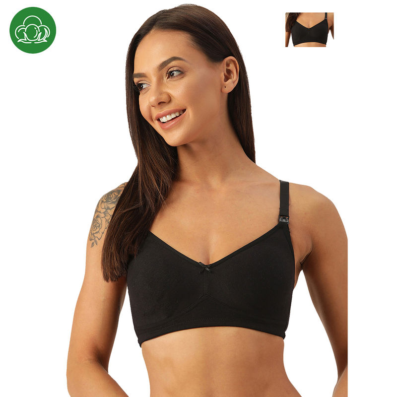 Inner Sense Organic Cotton Antimicrobial Soft Nursing Bra with Removable Pads Black (Pack of 2) (L)