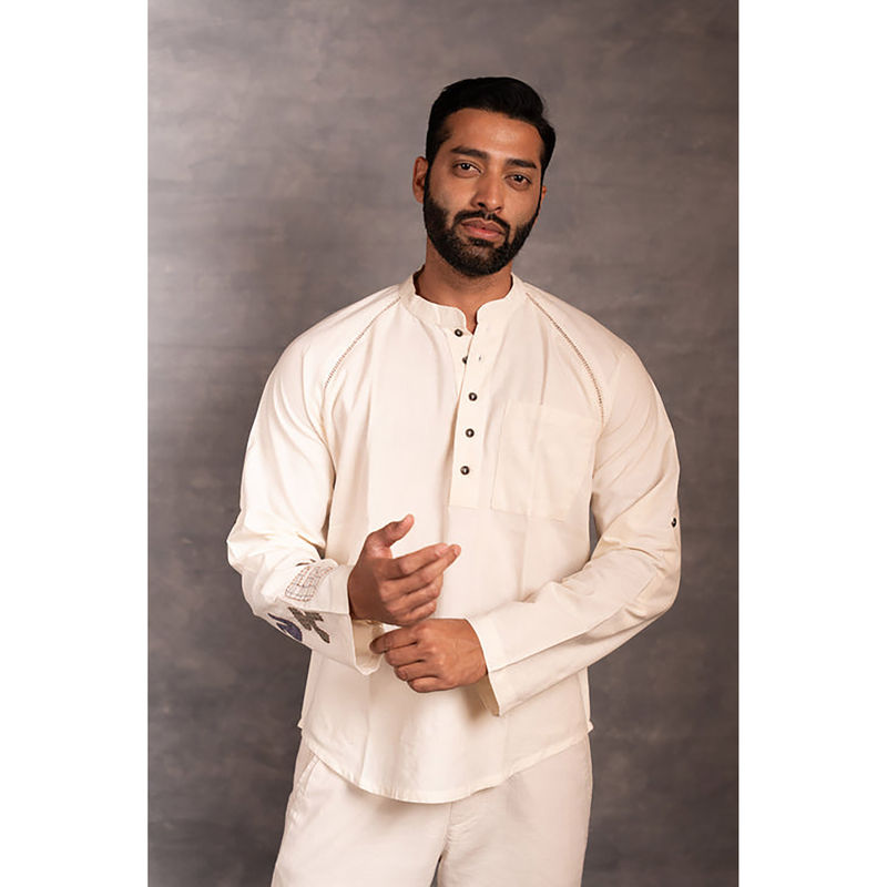 Thread Game Men Khadi White Mandarin Neck Shirt (S)