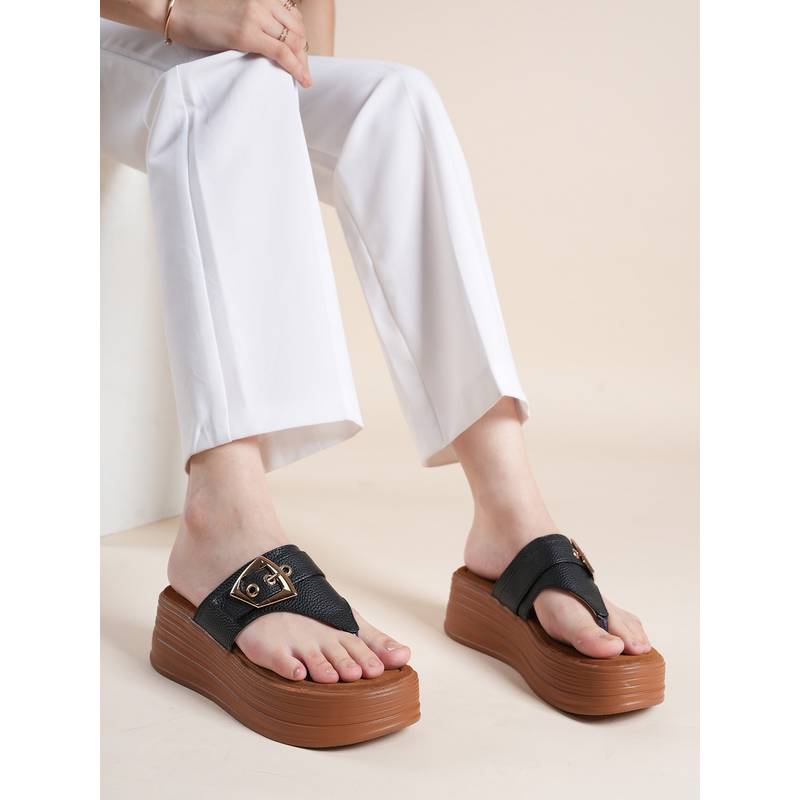 Drop Bold Women Black Buckle Detail Platform Heels (EURO 35)