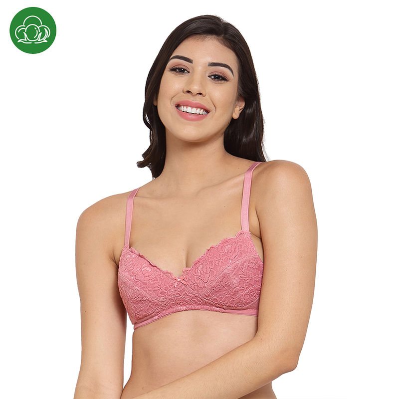 Inner Sense Organic Cotton Antimicrobal Laced Cushioned Padded Bra-Pink (32C)