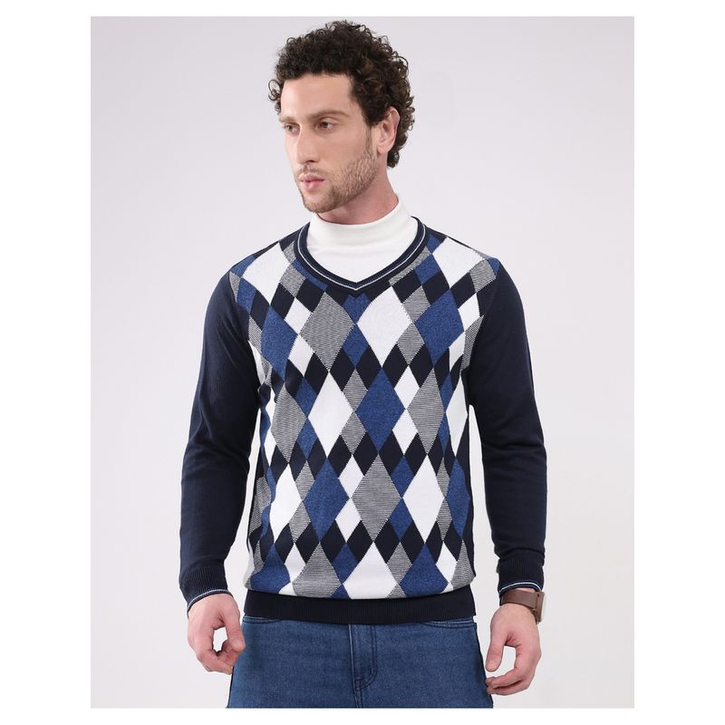 Monte Carlo Navy Blue Men V Neck Full Sleeve Pullover Sweater (M)