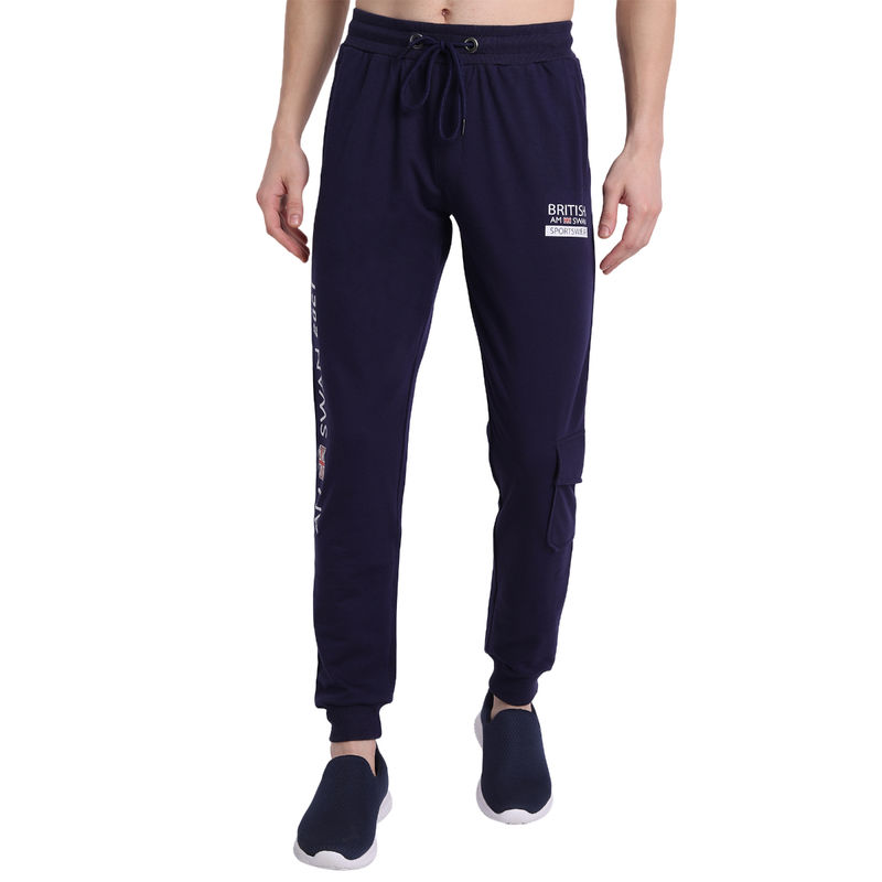 AM SWAN Cotton Rich Lycra Cargo Printed Joggers In Navy Blue (30)