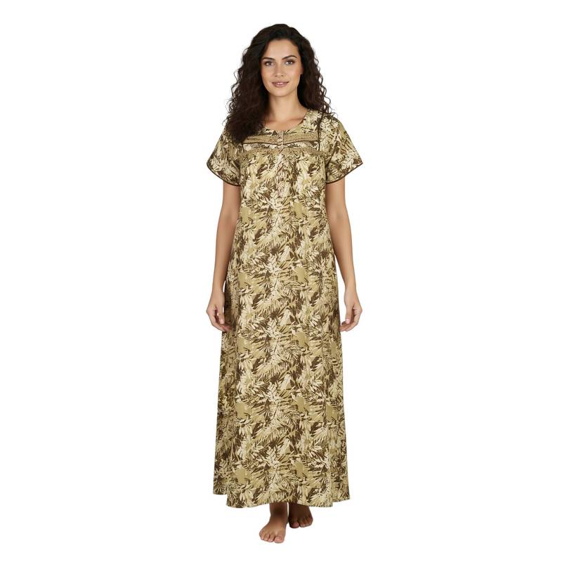 Juliet Women Printed Olive Square Neck Half Sleeves Nightdress (M)