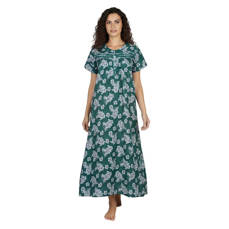 Juliet Women Floral Green Round Neck Half Sleeves Nightdress (M)