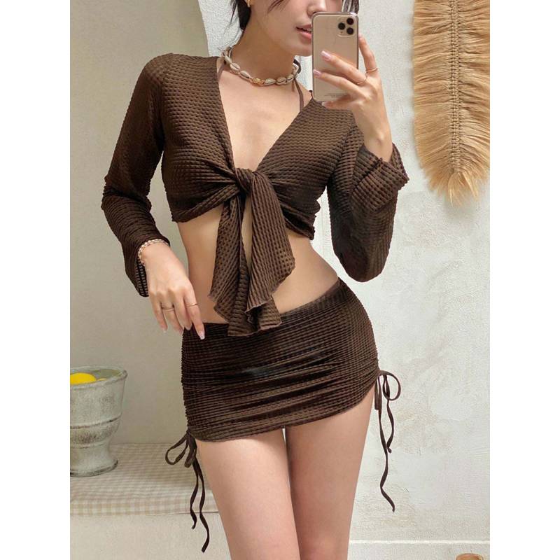 Addery Chocolate Brown Ribbed Bikini Set with Cover Up (XS)