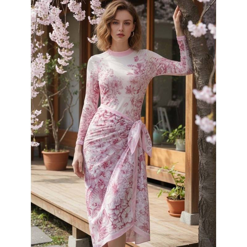Addery Blush Pink Botanical Long-Sleeve One-Piece with Sarong (S)