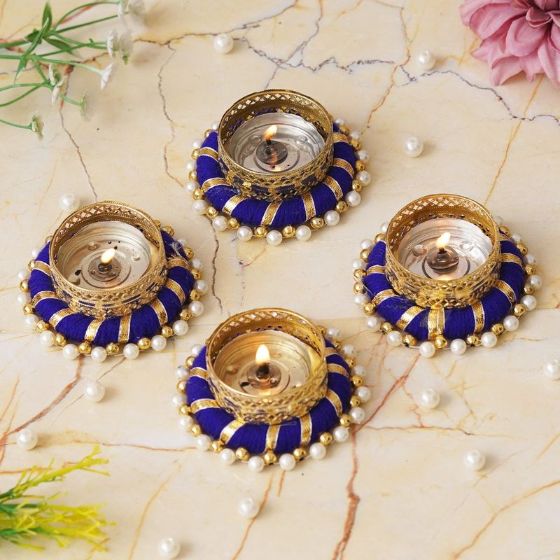 Buy eCraftIndia Set of 4 Golden and Blue Round Shaped Beaded Decorative