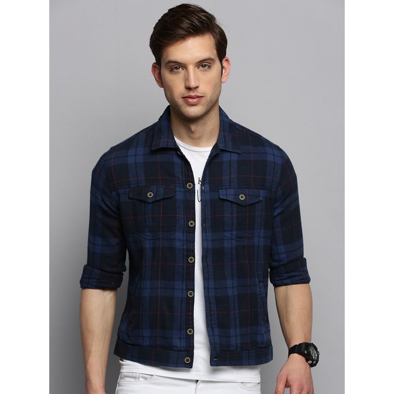 SHOWOFF Men's Spread Collar Checked Navy Blue Open Front Jacket (2XL)