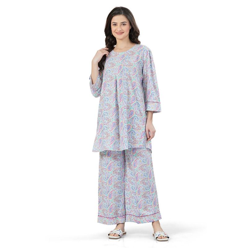 July Nightwear Women Rayon Long Kurti with Pant - (Set of 2) (L)