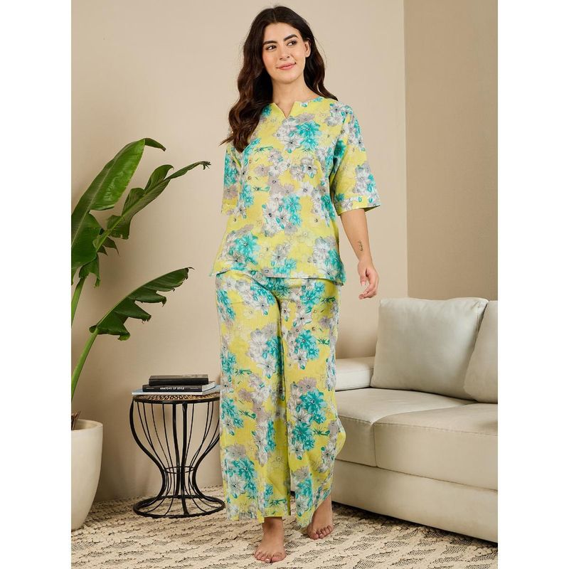 July Nightwear Women Yellow Cotton Short Kurti with Pant - (Set of 2) (S)