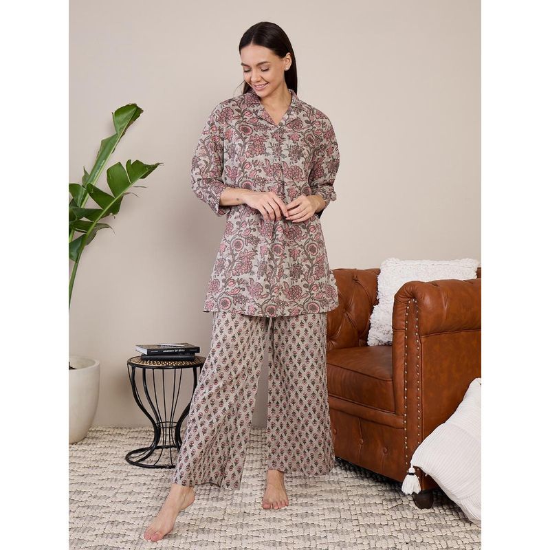 July Nightwear Women Grey Cotton Long Kurti with Pant - (Set of 2) (S)