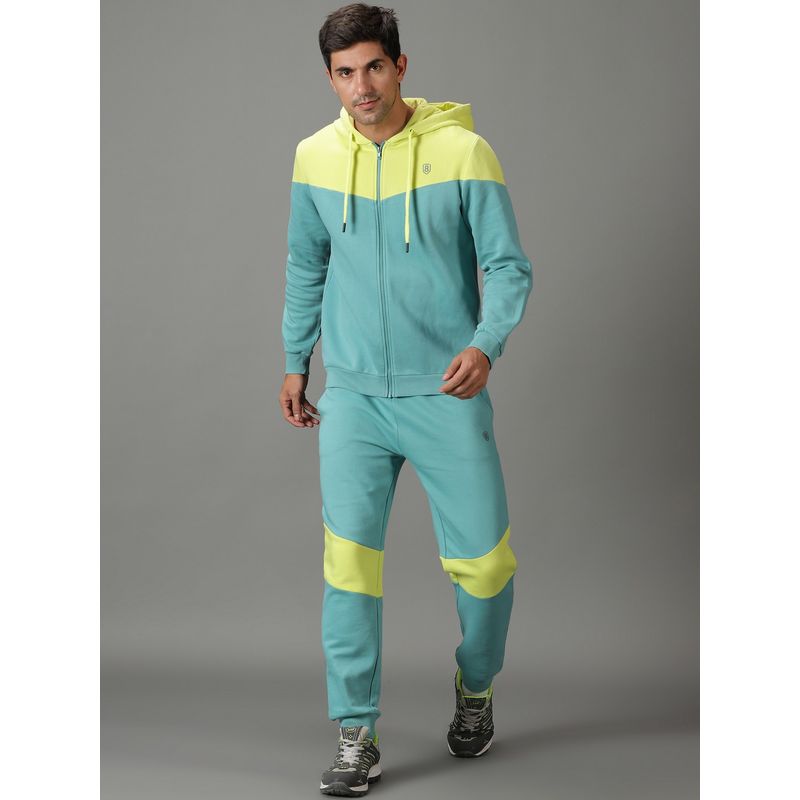 DOMIN8 Men Green Quilted Colour Block Training Jacket with Joggers (M)