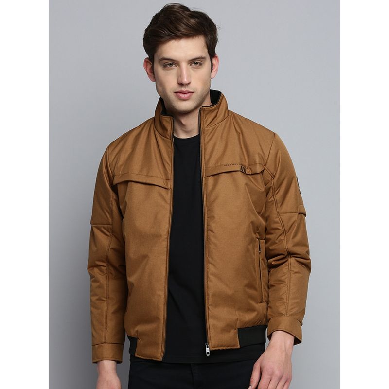 SHOWOFF Men's Solid Mock Collar Camel Brown Padded Jacket (L)
