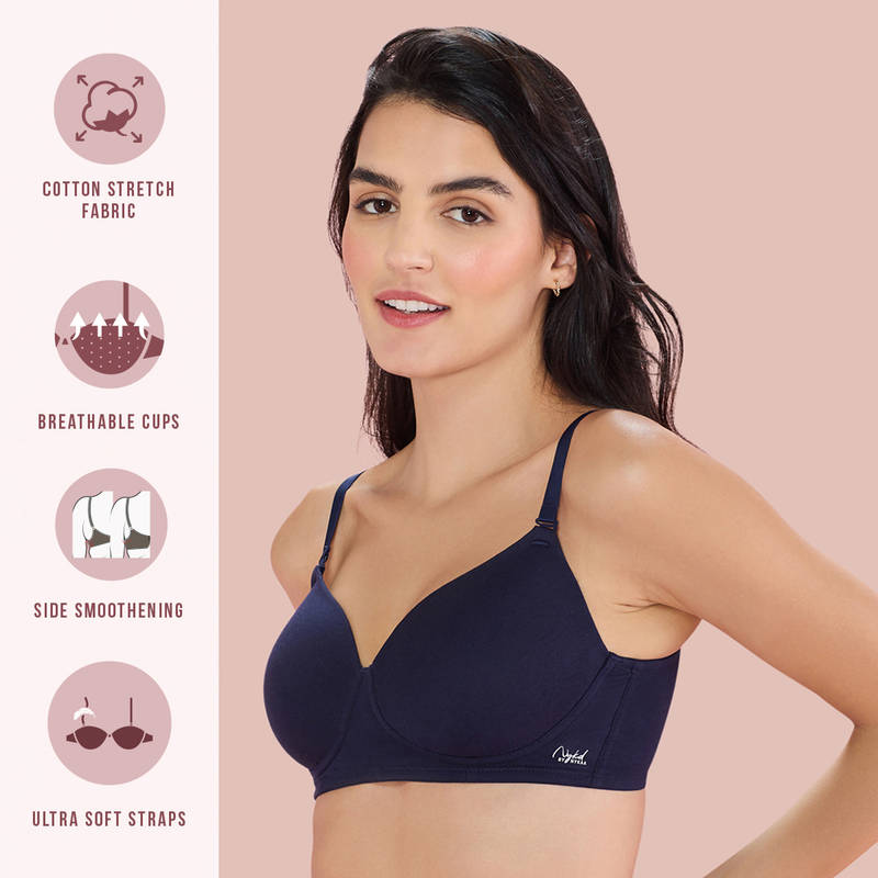 Nykd By Nykaa Breathe Cotton All Day Comfort Padded Non Wired T-Shirt Bra Nyb198 Navy Blue (36B)