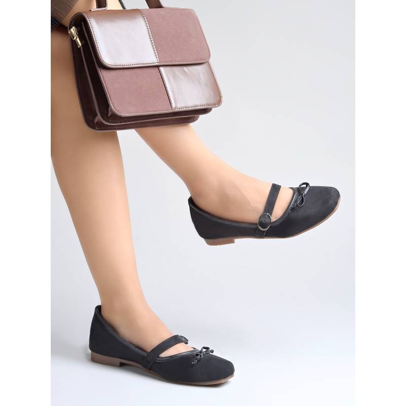 Shoetopia Women Black Mary Jane Ballerinas with Buckle Strap and Bow Detail (EURO 38)