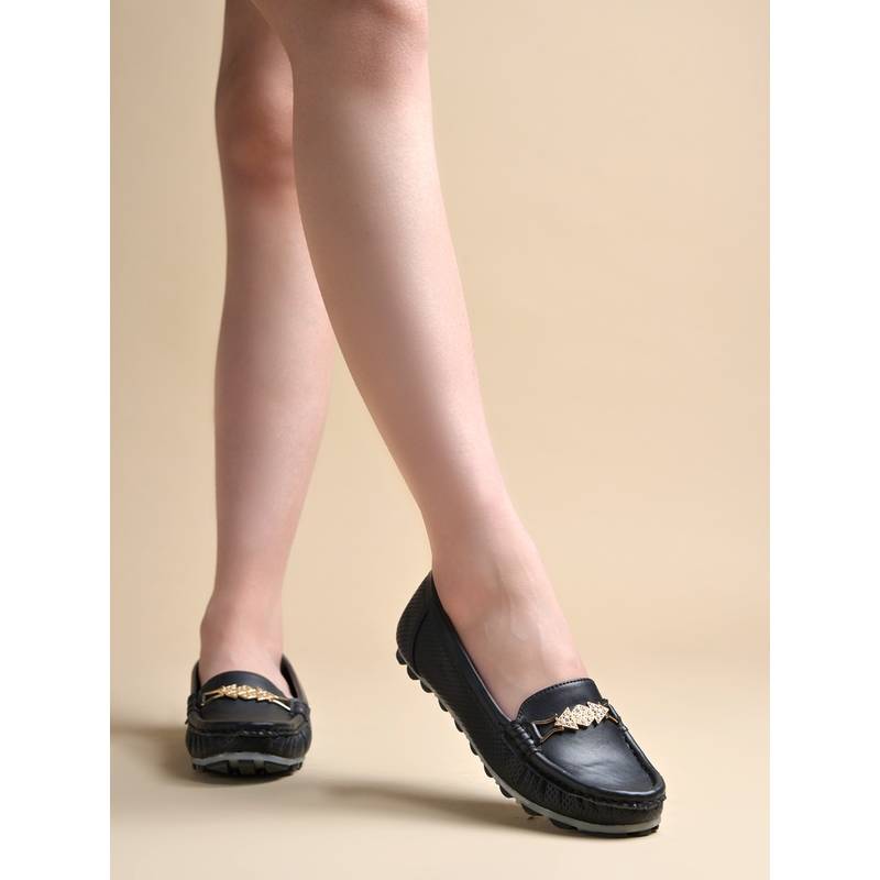 Shoetopia Women Black Slip-On Loafers (EURO 38)