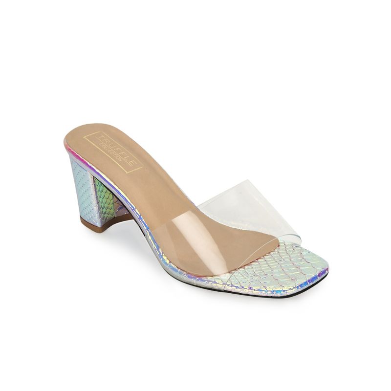 Truffle Collection Silver Pu Snake Pattern Clear Strap Mules - UK 3