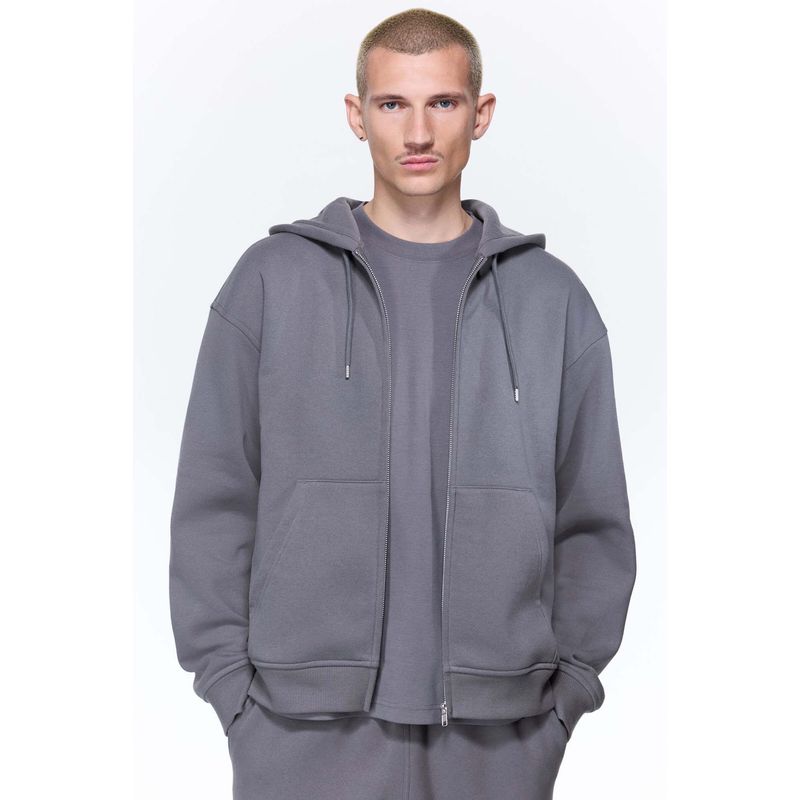 H&M Men Grey Loose Fit Zip-Through Hoodie (XL)