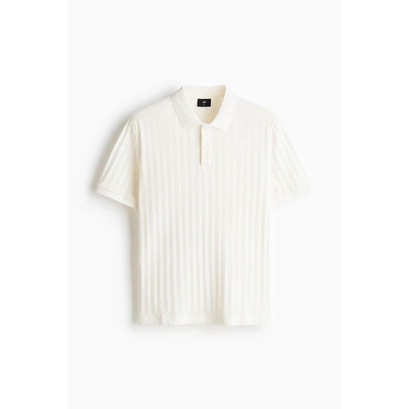 H&M Men White Slim Fit Textured Jersey Polo Shirt (XL)